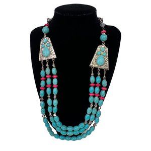 Faux Turquoise Beaded Bib Necklace Statement Multi Strand Silver Tone Filigree